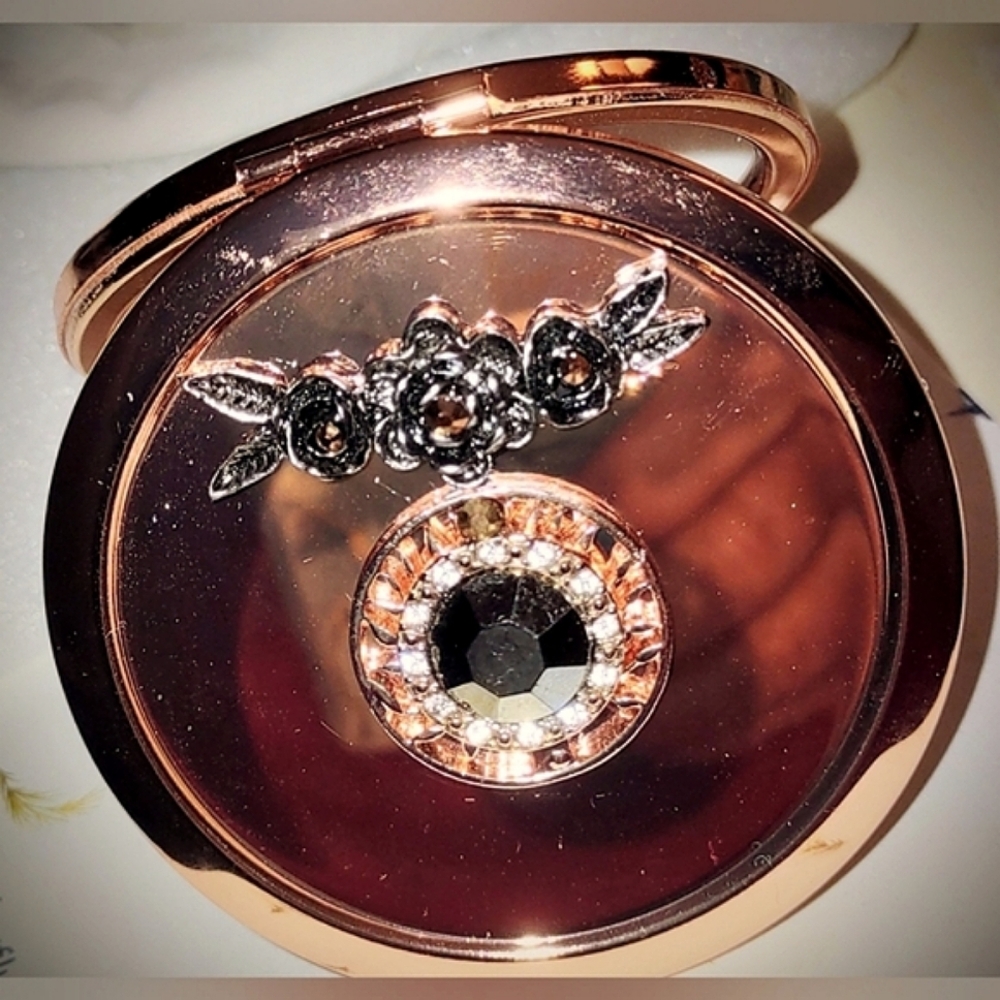 Rose Gold Compact Mirror Case w/ Black & Copper Jewels
